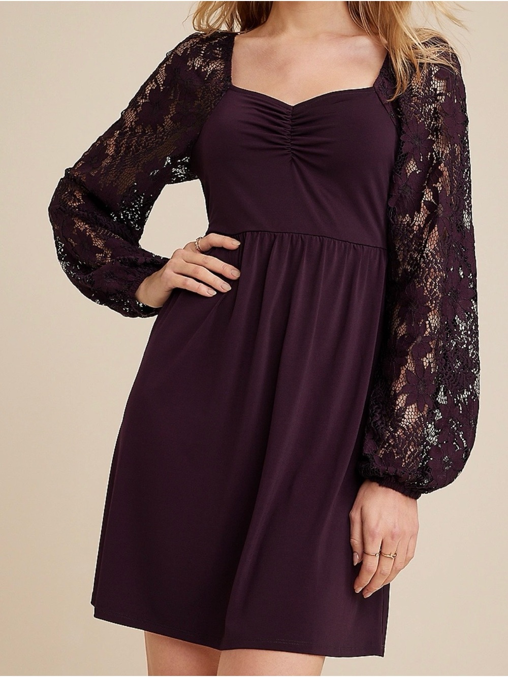 Maurice’s Lace Sleeve Neck mini Dress in Deep Plum - Picture 3 of 3